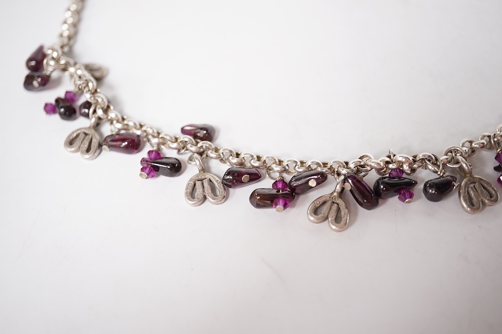 An early 1960's Georg Jensen sterling brooch, no. 339 (designed by Henning Koppel, 58mm, together with a small group of jewellery and other items including a pair of silver oval cufflinks, a Persian coin necklace, a 14ct
